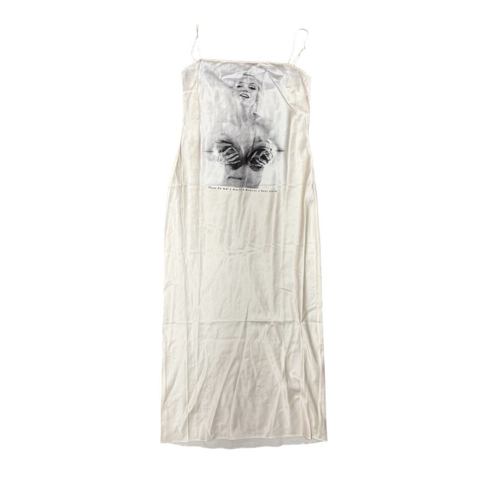 NWT Fleur Du Mal Marilyn Midi Slip Dress Small Silk Satin Graphic Print Ivory - Picture 7 of 10